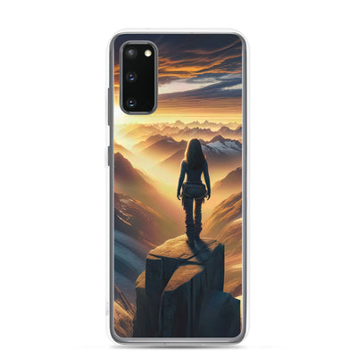 Fotorealistische Darstellung der Alpen bei Sonnenaufgang, Wanderin unter einem gold-purpurnen Himmel - Samsung Schutzhülle (durchsichtig) wandern xxx yyy zzz Samsung Galaxy S20