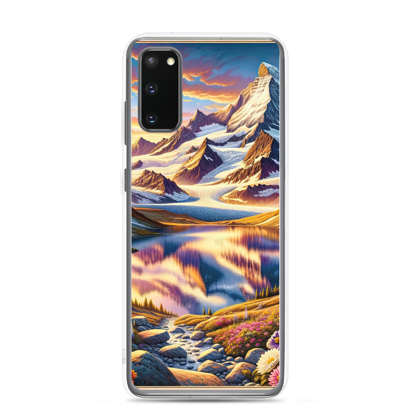 Quadratische Illustration der Alpen mit schneebedeckten Gipfeln und Wildblumen - Samsung Schutzhülle (durchsichtig) berge xxx yyy zzz Samsung Galaxy S20