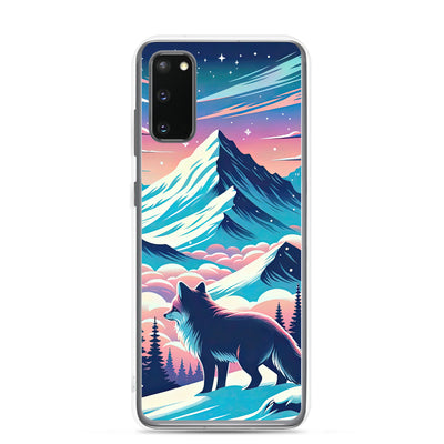 Vektorgrafik eines alpinen Winterwunderlandes mit schneebedeckten Kiefern und einem Fuchs - Samsung Schutzhülle (durchsichtig) camping xxx yyy zzz Samsung Galaxy S20