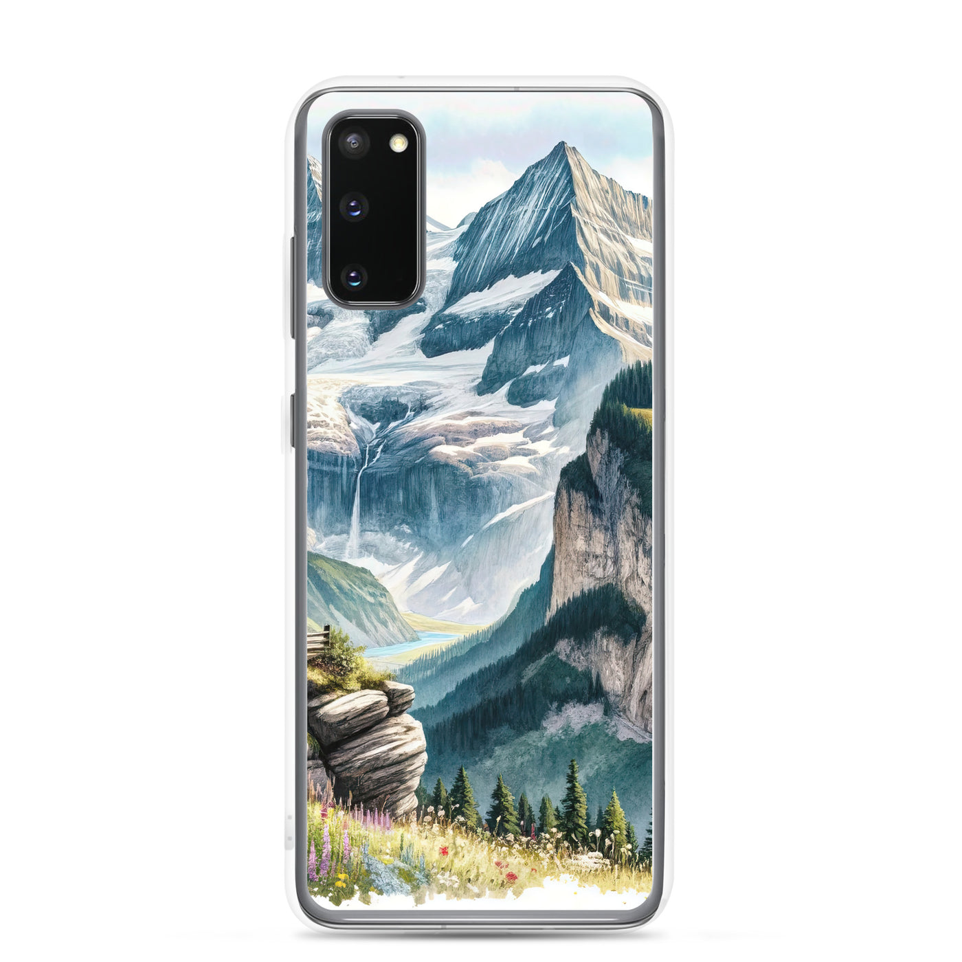 Aquarell-Panoramablick der Alpen mit schneebedeckten Gipfeln, Wasserfällen und Wanderern - Samsung Schutzhülle (durchsichtig) wandern xxx yyy zzz Samsung Galaxy S20