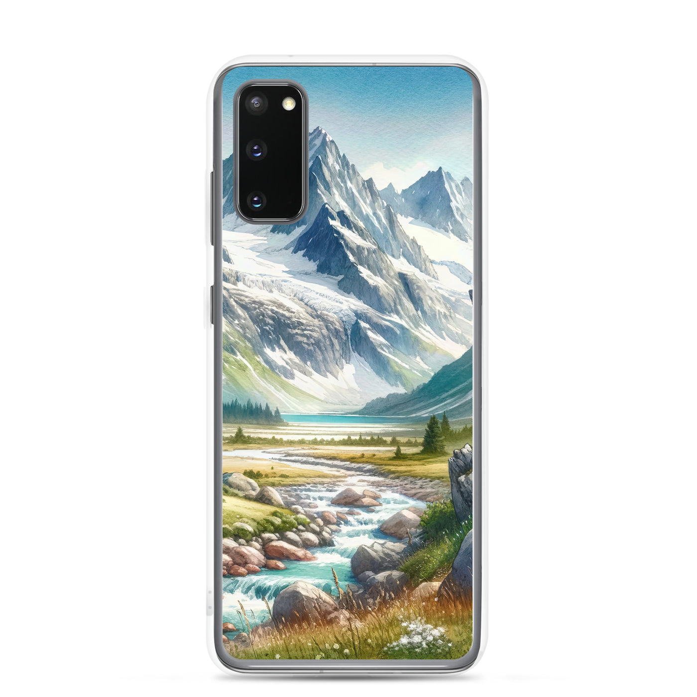 Aquarellmalerei eines Bären und der sommerlichen Alpenschönheit mit schneebedeckten Ketten - Samsung Schutzhülle (durchsichtig) camping xxx yyy zzz Samsung Galaxy S20