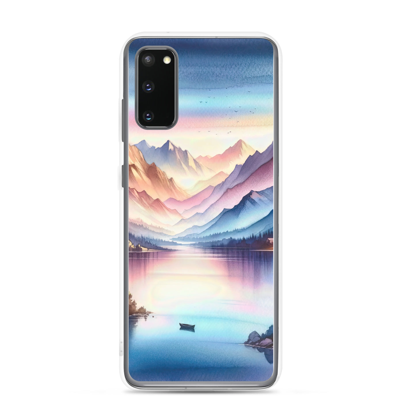 Aquarell einer Dämmerung in den Alpen, Boot auf einem See in Pastell-Licht - Samsung Schutzhülle (durchsichtig) berge xxx yyy zzz Samsung Galaxy S20