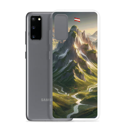 Fotorealistisches Bild der Alpen mit österreichischer Flagge, scharfen Gipfeln und grünen Tälern - Samsung Schutzhülle (durchsichtig) berge xxx yyy zzz