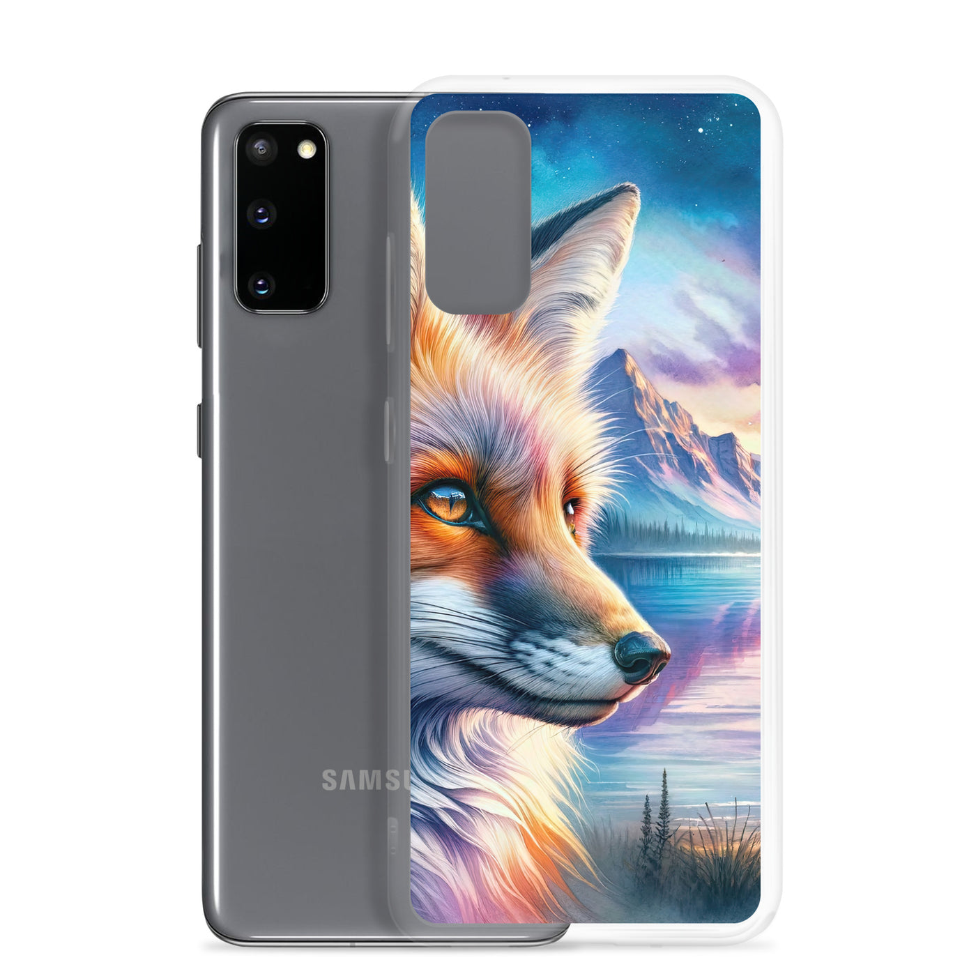 Aquarellporträt eines Fuchses im Dämmerlicht am Bergsee - Samsung Schutzhülle (durchsichtig) camping xxx yyy zzz