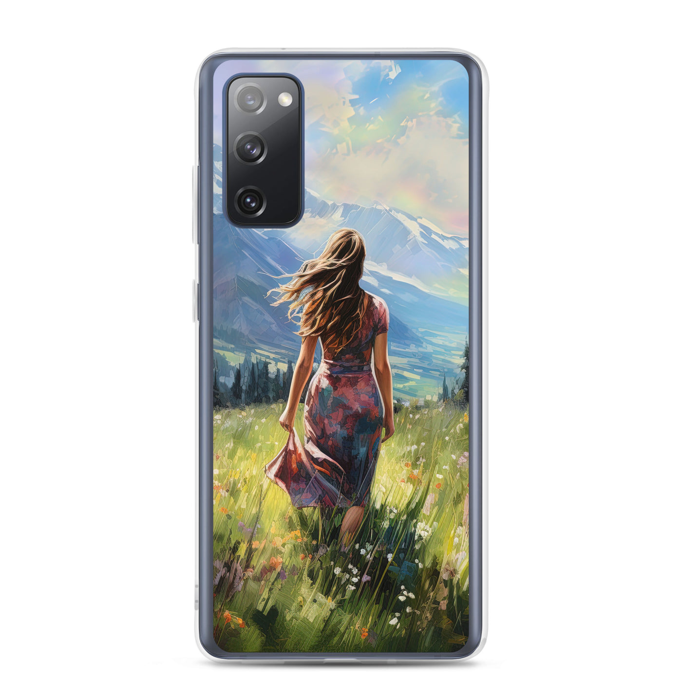 Frau mit langen Kleid im Feld mit Blumen - Berge im Hintergrund - Malerei - Samsung Schutzhülle (durchsichtig) berge xxx