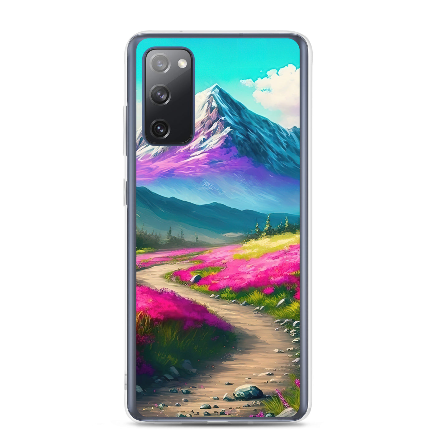 Berg, pinke Blumen und Wanderweg - Landschaftsmalerei - Samsung Schutzhülle (durchsichtig) berge xxx
