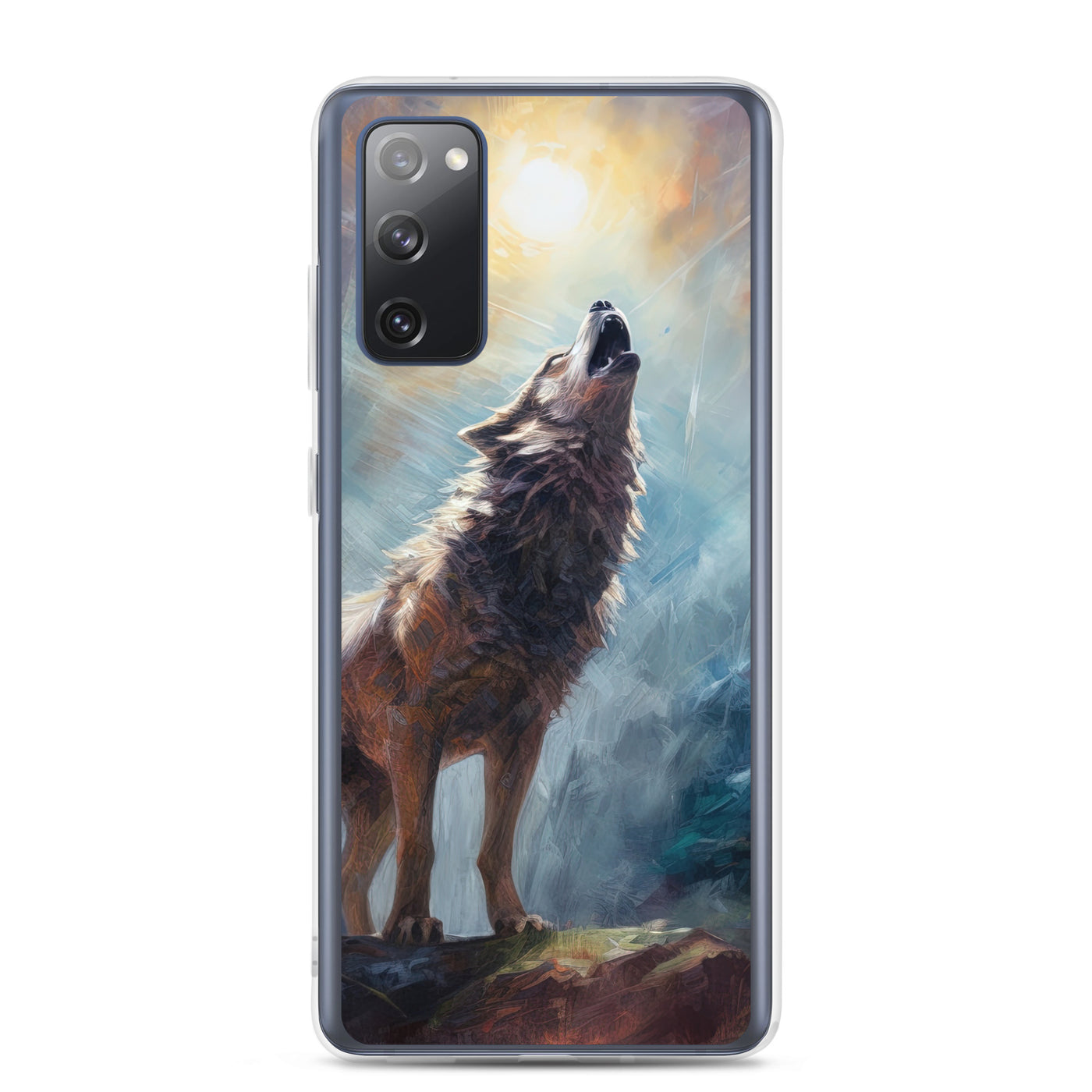 Heulender Wolf auf Berggipfel und Mond im Hintergrund – Abstrakte Malerei - Samsung Schutzhülle (durchsichtig) camping xxx