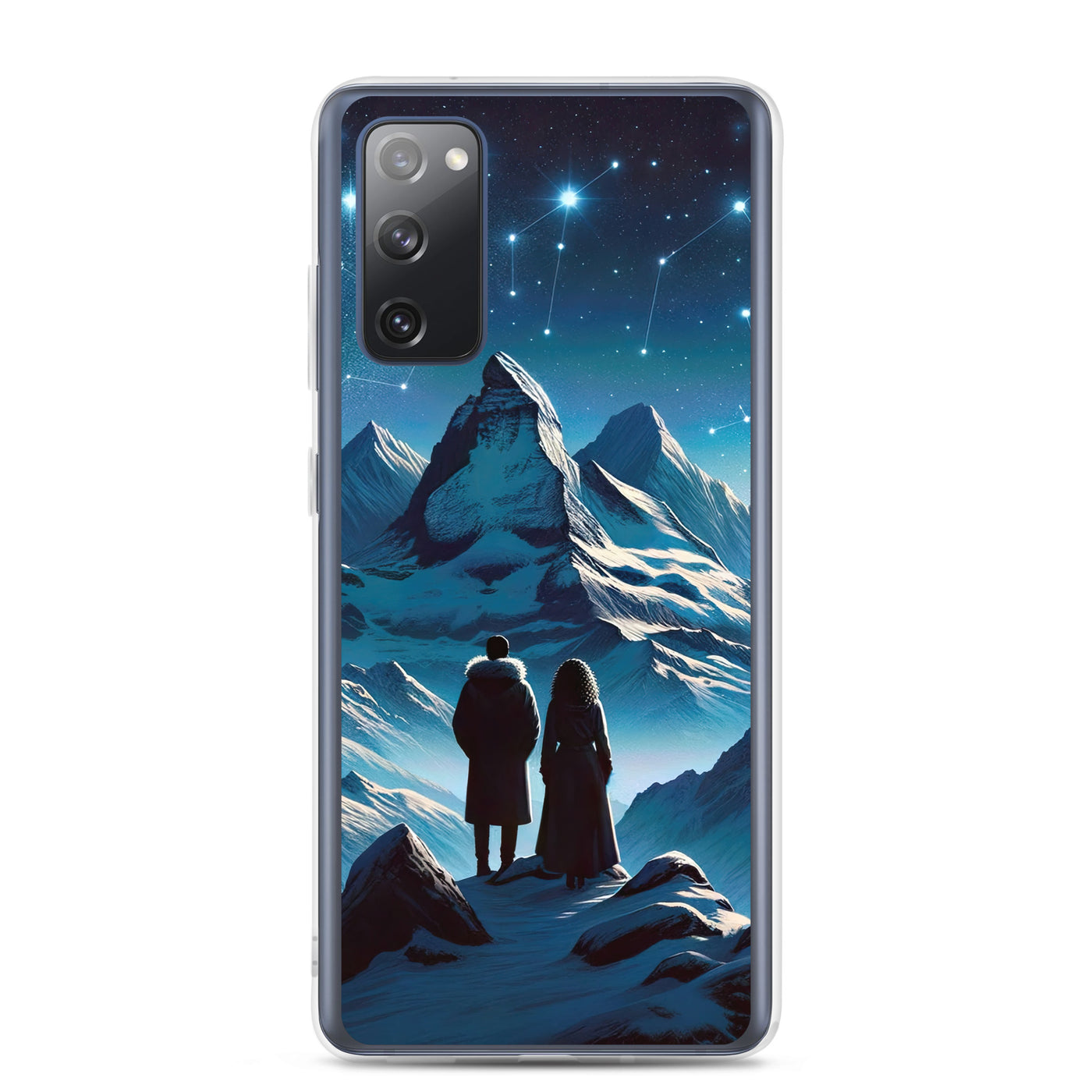 Alpenwinternacht: Digitale Kunst mit Wanderern in Bergen und Sternenhimmel - Samsung Schutzhülle (durchsichtig) wandern xxx yyy zzz