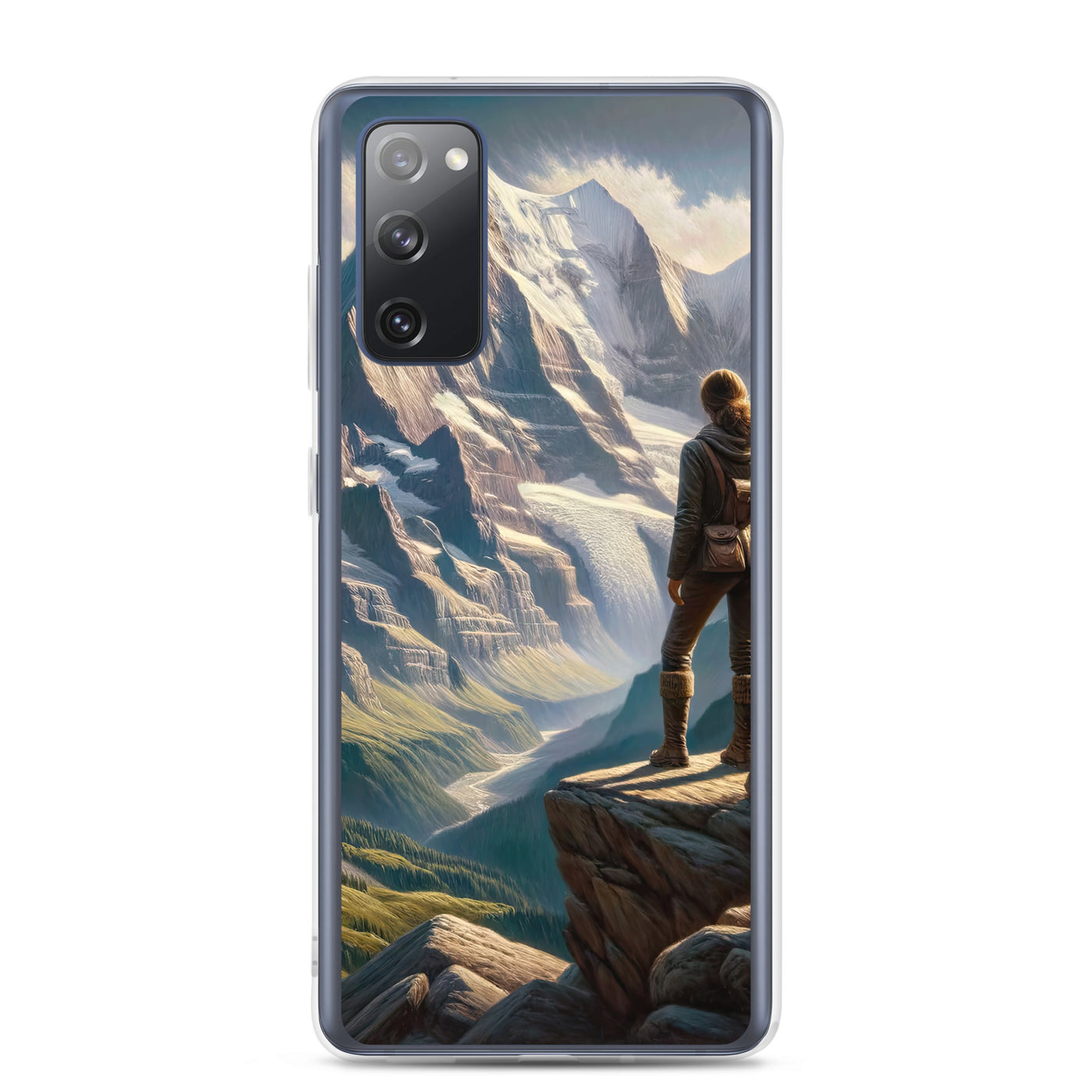 Ölgemälde der Alpengipfel mit Schweizer Abenteurerin auf Felsvorsprung - Samsung Schutzhülle (durchsichtig) wandern xxx yyy zzz Samsung Galaxy S20 FE