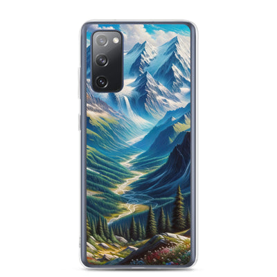 Panorama-Ölgemälde der Alpen mit schneebedeckten Gipfeln und schlängelnden Flusstälern - Samsung Schutzhülle (durchsichtig) berge xxx yyy zzz Samsung Galaxy S20 FE