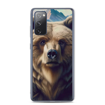 Foto eines Bären vor abstrakt gemalten Alpenbergen, Oberkörper im Fokus - Samsung Schutzhülle (durchsichtig) camping xxx yyy zzz Samsung Galaxy S20 FE