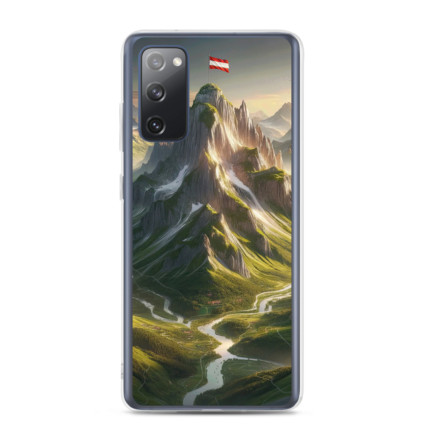 Fotorealistisches Bild der Alpen mit österreichischer Flagge, scharfen Gipfeln und grünen Tälern - Samsung Schutzhülle (durchsichtig) berge xxx yyy zzz Samsung Galaxy S20 FE