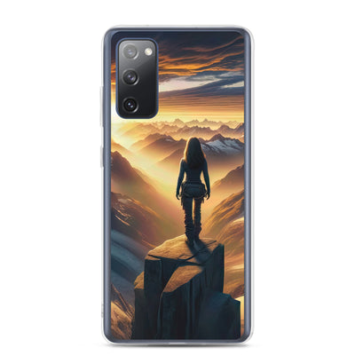 Fotorealistische Darstellung der Alpen bei Sonnenaufgang, Wanderin unter einem gold-purpurnen Himmel - Samsung Schutzhülle (durchsichtig) wandern xxx yyy zzz Samsung Galaxy S20 FE