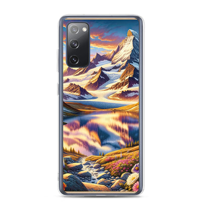Quadratische Illustration der Alpen mit schneebedeckten Gipfeln und Wildblumen - Samsung Schutzhülle (durchsichtig) berge xxx yyy zzz Samsung Galaxy S20 FE