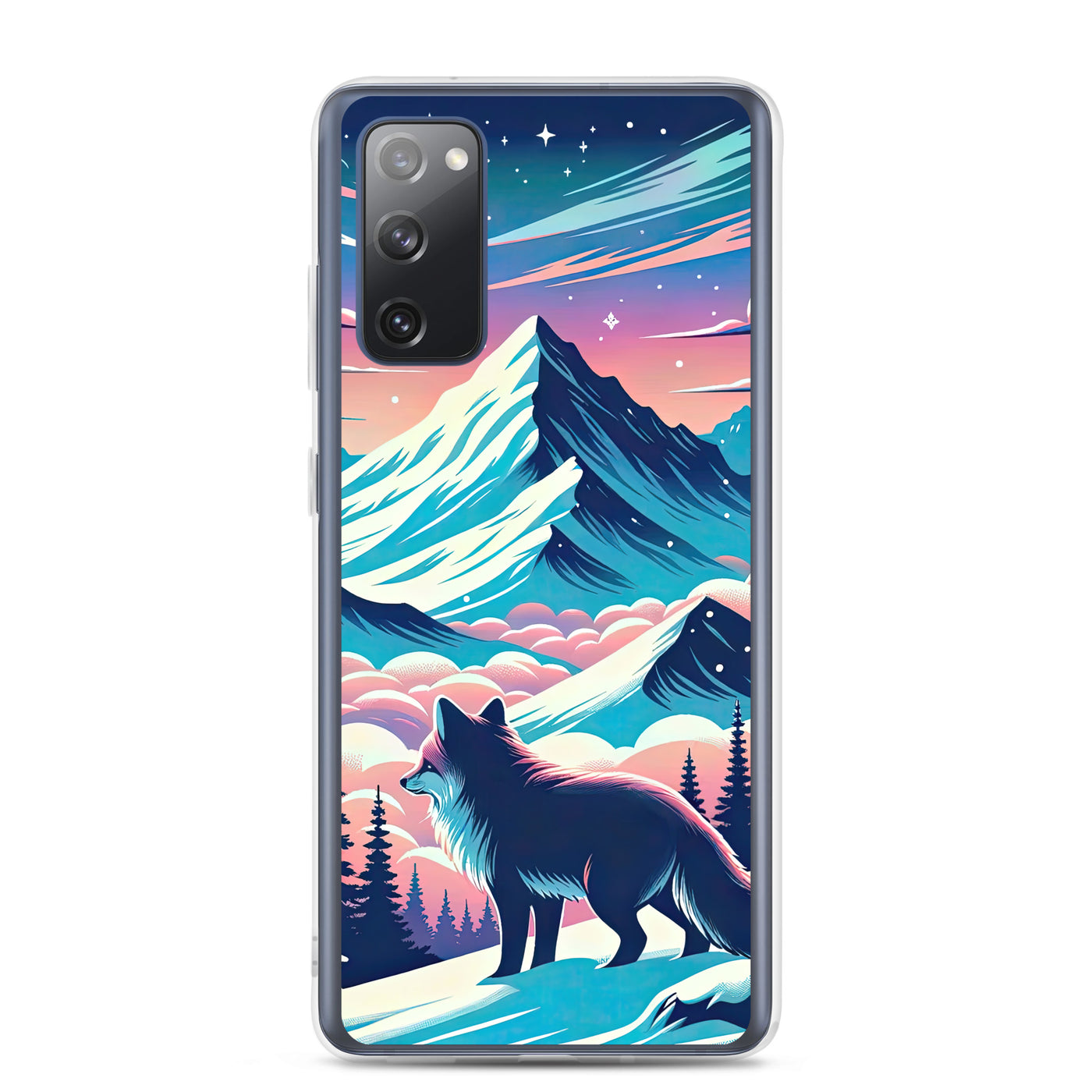 Vektorgrafik eines alpinen Winterwunderlandes mit schneebedeckten Kiefern und einem Fuchs - Samsung Schutzhülle (durchsichtig) camping xxx yyy zzz Samsung Galaxy S20 FE