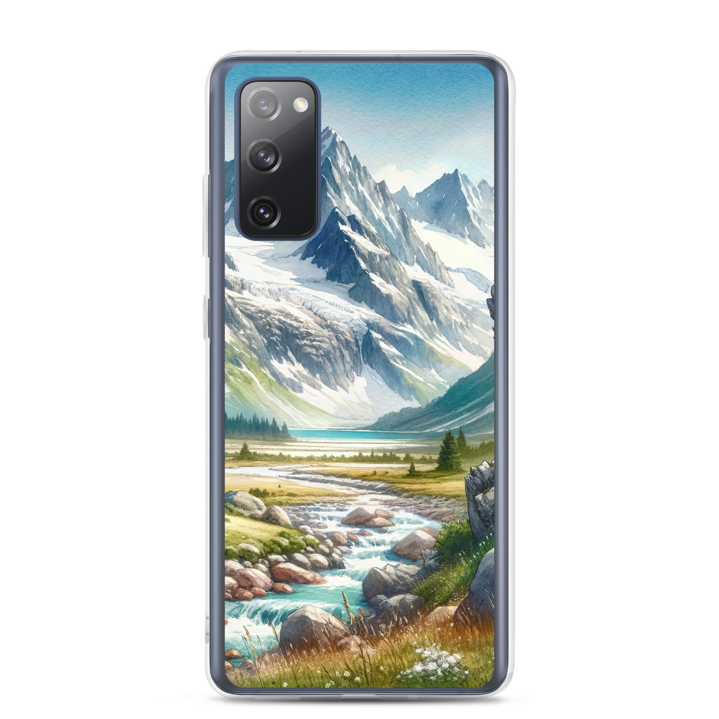 Aquarellmalerei eines Bären und der sommerlichen Alpenschönheit mit schneebedeckten Ketten - Samsung Schutzhülle (durchsichtig) camping xxx yyy zzz Samsung Galaxy S20 FE