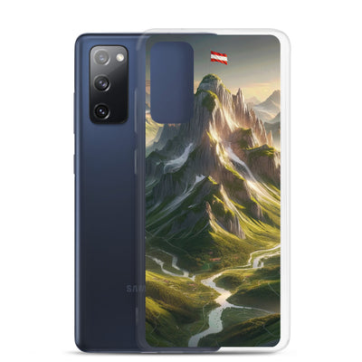 Fotorealistisches Bild der Alpen mit österreichischer Flagge, scharfen Gipfeln und grünen Tälern - Samsung Schutzhülle (durchsichtig) berge xxx yyy zzz