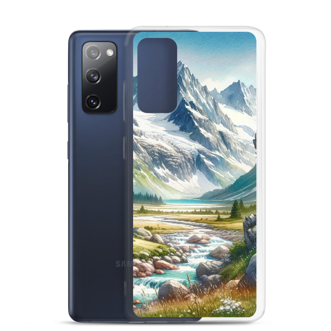 Aquarellmalerei eines Bären und der sommerlichen Alpenschönheit mit schneebedeckten Ketten - Samsung Schutzhülle (durchsichtig) camping xxx yyy zzz