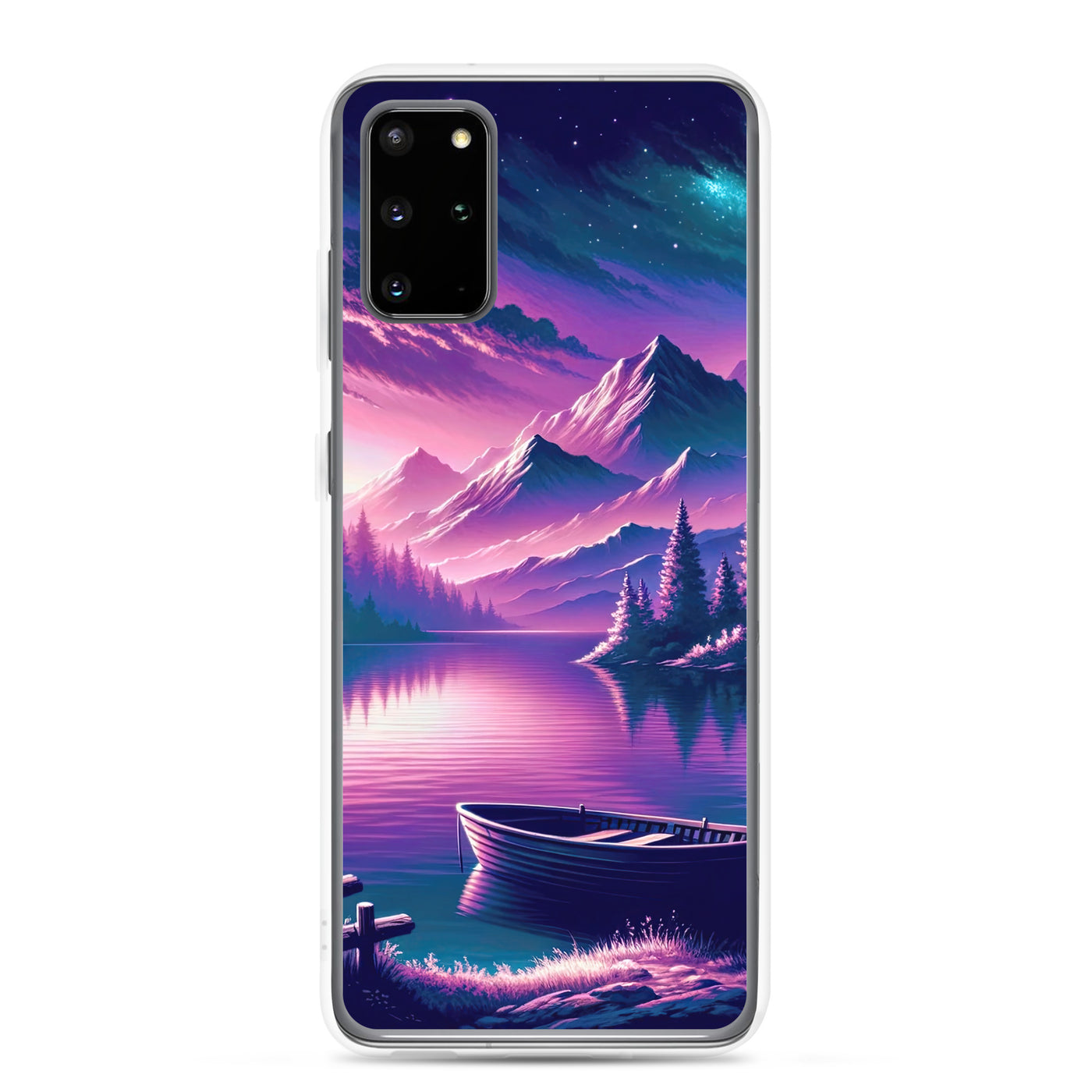Magische Alpen-Dämmerung, rosa-lila Himmel und Bergsee mit Boot - Samsung Schutzhülle (durchsichtig) berge xxx yyy zzz Samsung Galaxy S20 Plus