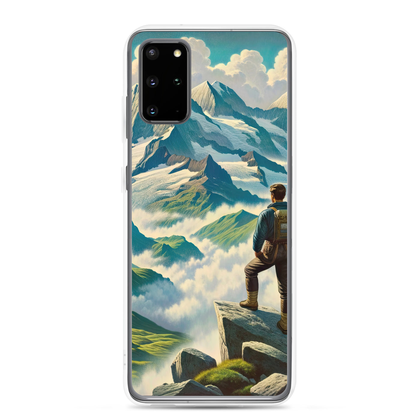 Panoramablick der Alpen mit Wanderer auf einem Hügel und schroffen Gipfeln - Samsung Schutzhülle (durchsichtig) wandern xxx yyy zzz Samsung Galaxy S20 Plus