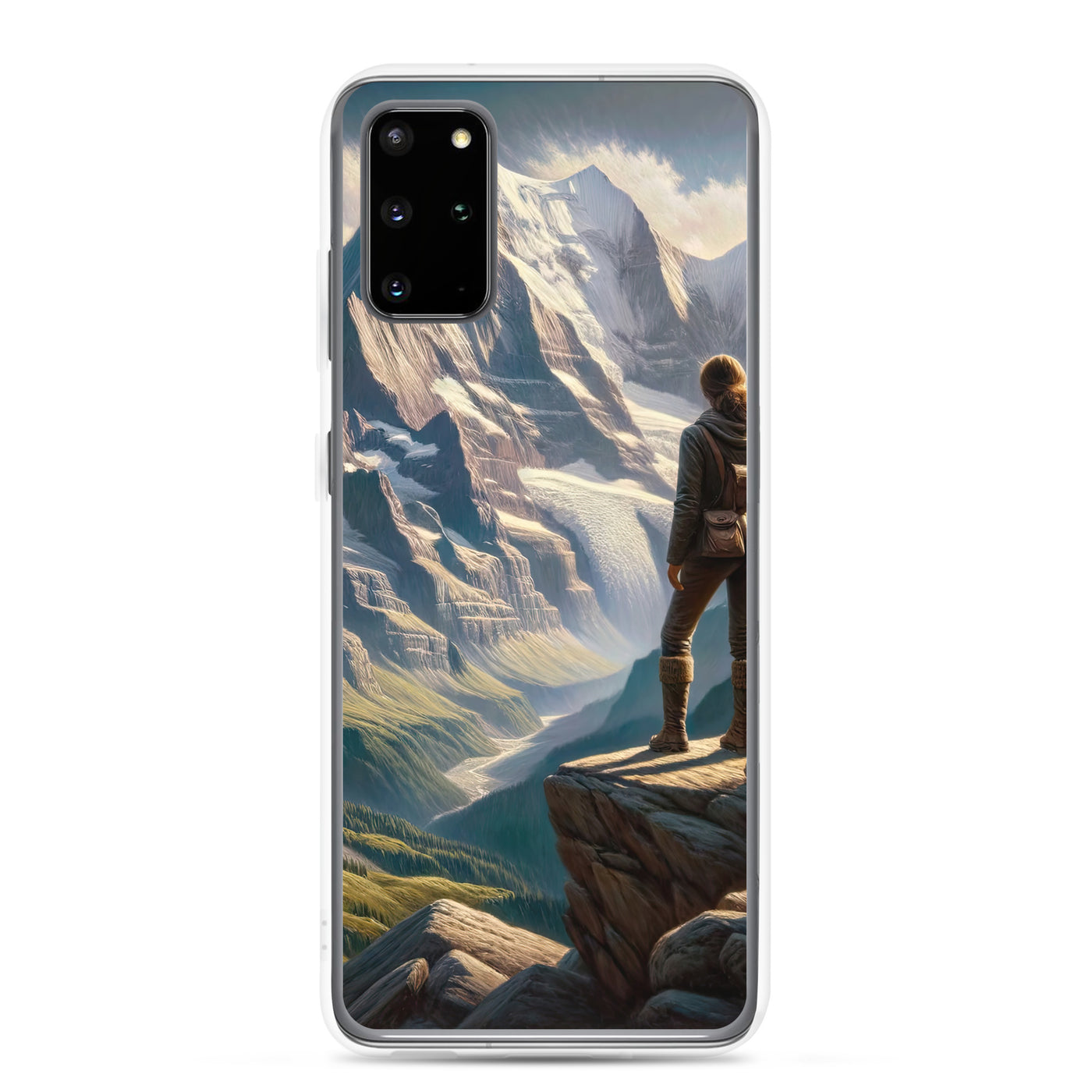 Ölgemälde der Alpengipfel mit Schweizer Abenteurerin auf Felsvorsprung - Samsung Schutzhülle (durchsichtig) wandern xxx yyy zzz Samsung Galaxy S20 Plus
