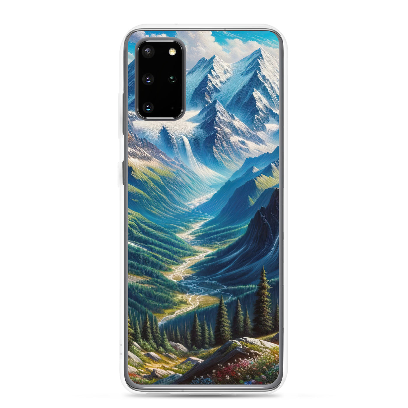 Panorama-Ölgemälde der Alpen mit schneebedeckten Gipfeln und schlängelnden Flusstälern - Samsung Schutzhülle (durchsichtig) berge xxx yyy zzz Samsung Galaxy S20 Plus