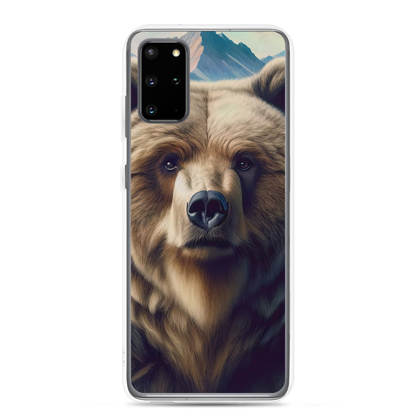 Foto eines Bären vor abstrakt gemalten Alpenbergen, Oberkörper im Fokus - Samsung Schutzhülle (durchsichtig) camping xxx yyy zzz Samsung Galaxy S20 Plus
