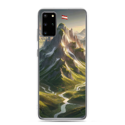 Fotorealistisches Bild der Alpen mit österreichischer Flagge, scharfen Gipfeln und grünen Tälern - Samsung Schutzhülle (durchsichtig) berge xxx yyy zzz Samsung Galaxy S20 Plus