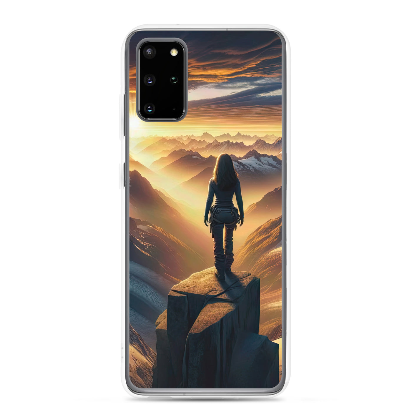 Fotorealistische Darstellung der Alpen bei Sonnenaufgang, Wanderin unter einem gold-purpurnen Himmel - Samsung Schutzhülle (durchsichtig) wandern xxx yyy zzz Samsung Galaxy S20 Plus