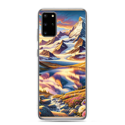Quadratische Illustration der Alpen mit schneebedeckten Gipfeln und Wildblumen - Samsung Schutzhülle (durchsichtig) berge xxx yyy zzz Samsung Galaxy S20 Plus