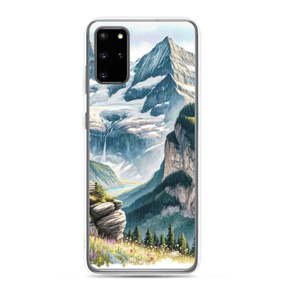 Aquarell-Panoramablick der Alpen mit schneebedeckten Gipfeln, Wasserfällen und Wanderern - Samsung Schutzhülle (durchsichtig) wandern xxx yyy zzz Samsung Galaxy S20 Plus