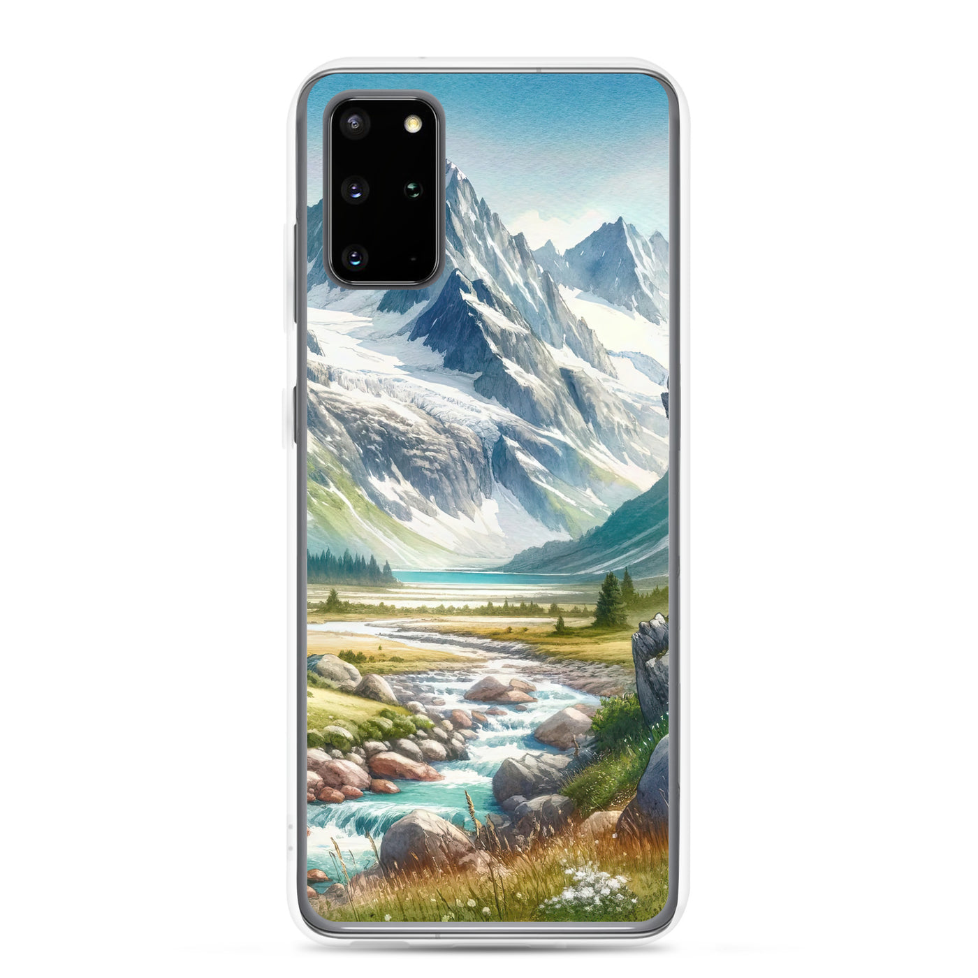Aquarellmalerei eines Bären und der sommerlichen Alpenschönheit mit schneebedeckten Ketten - Samsung Schutzhülle (durchsichtig) camping xxx yyy zzz Samsung Galaxy S20 Plus