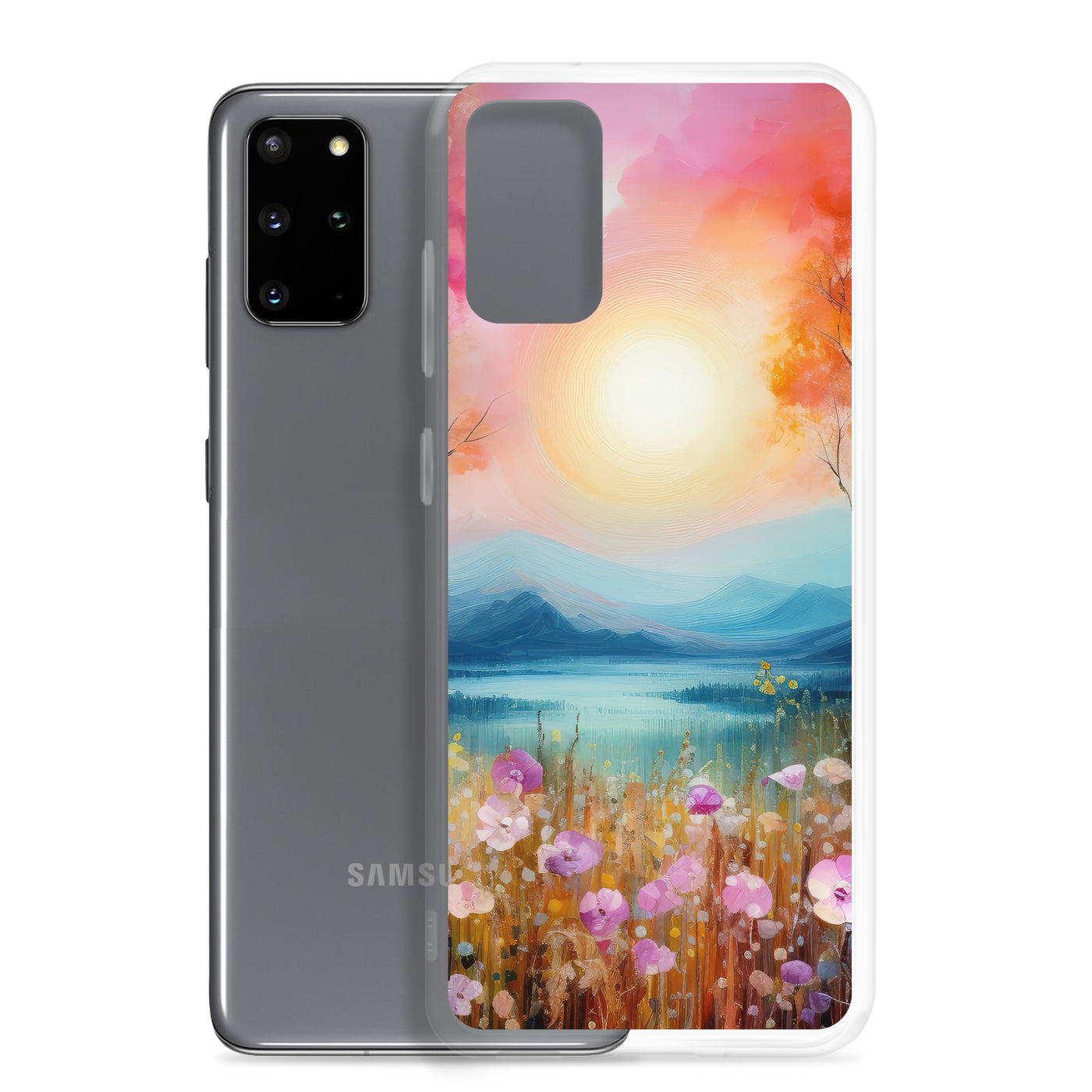 Berge, See, pinke Bäume und Blumen - Malerei - Samsung Schutzhülle (durchsichtig) berge xxx