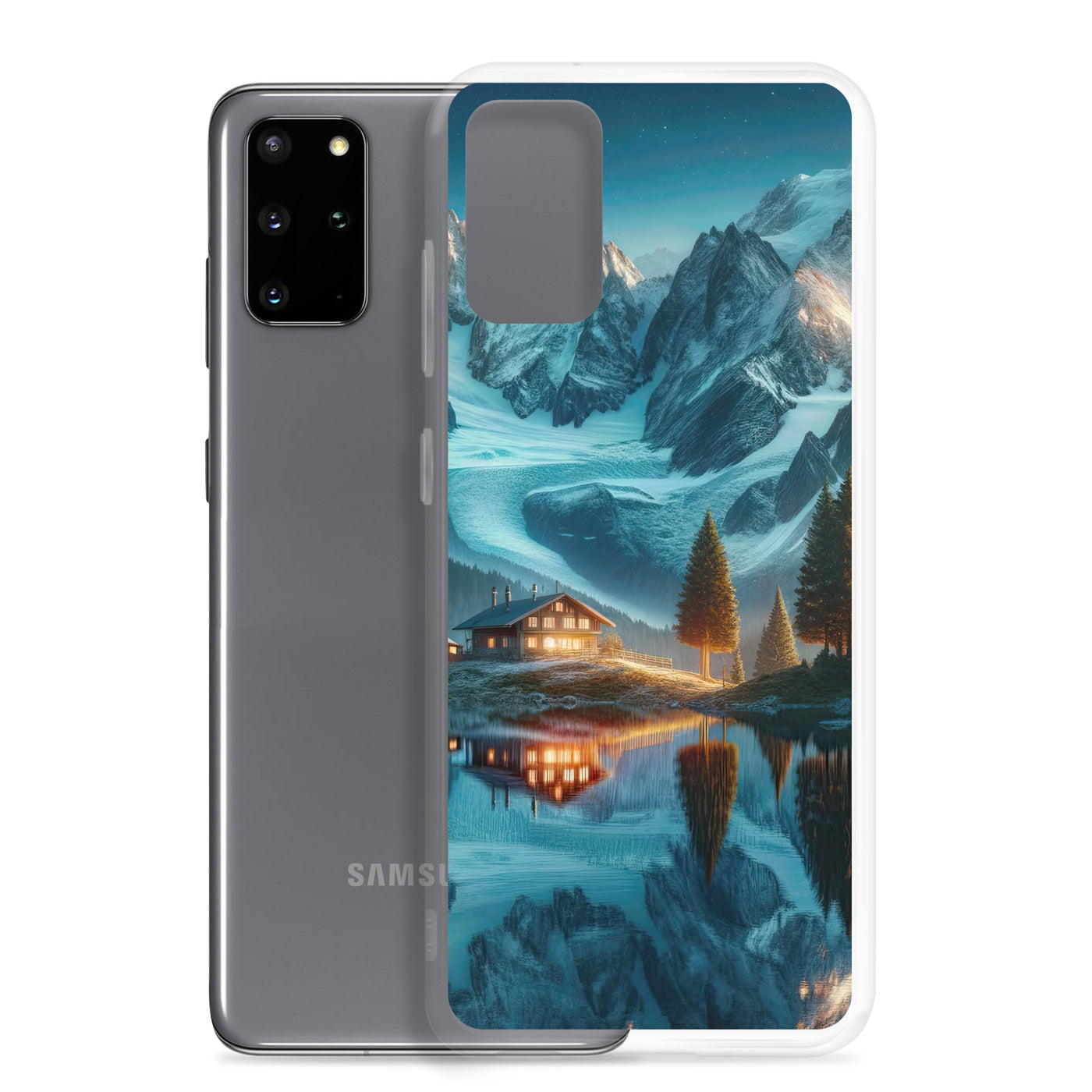 Stille Alpenmajestätik: Digitale Kunst mit Schnee und Bergsee-Spiegelung - Samsung Schutzhülle (durchsichtig) berge xxx yyy zzz