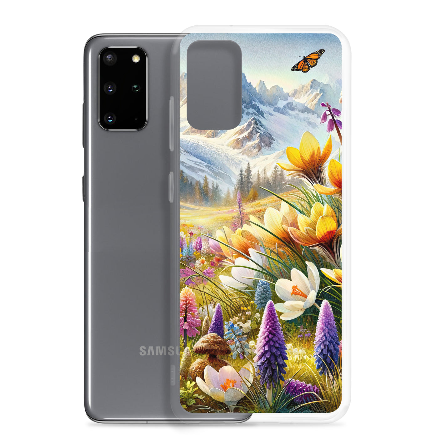 Aquarell einer ruhigen Almwiese, farbenfrohe Bergblumen in den Alpen - Samsung Schutzhülle (durchsichtig) berge xxx yyy zzz