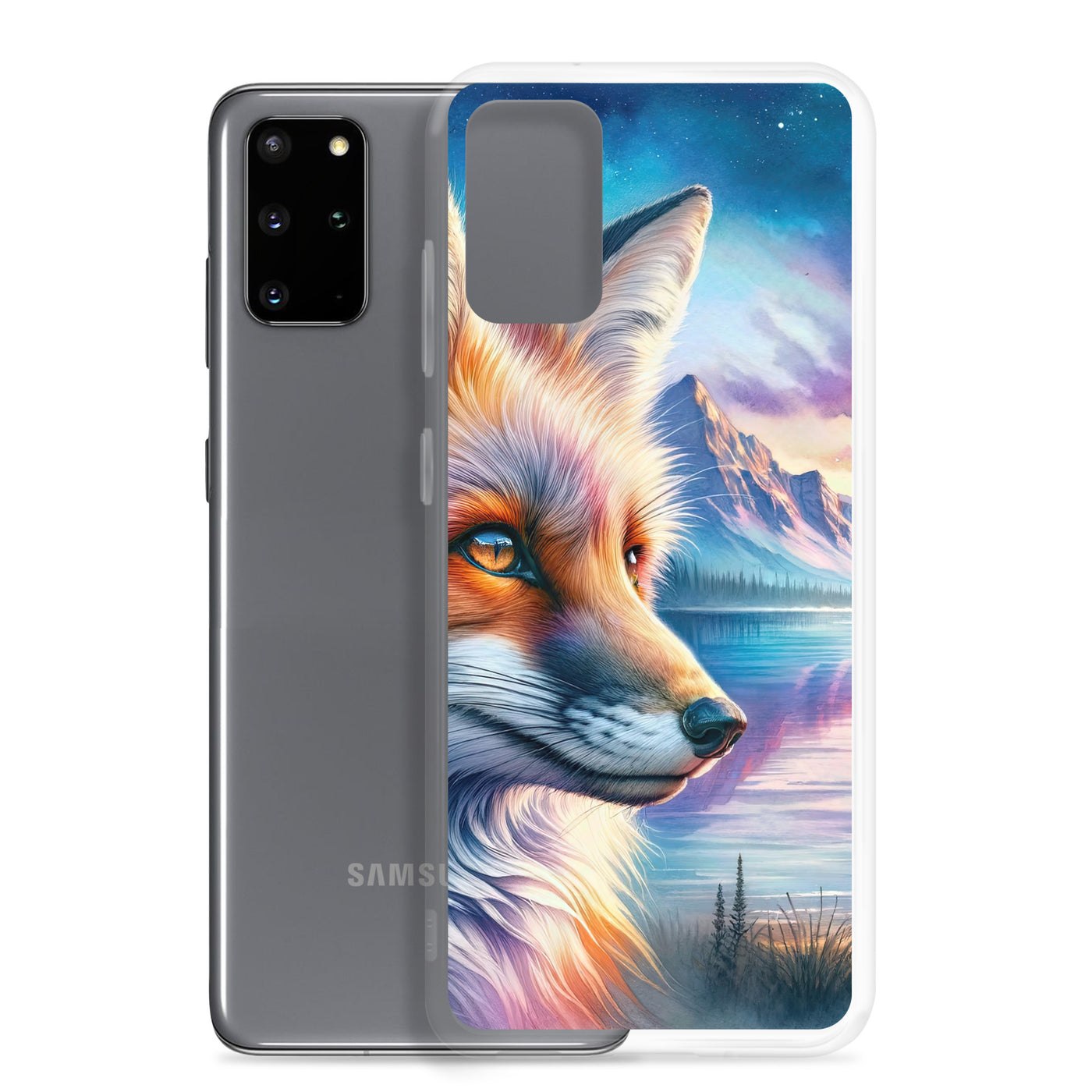 Aquarellporträt eines Fuchses im Dämmerlicht am Bergsee - Samsung Schutzhülle (durchsichtig) camping xxx yyy zzz