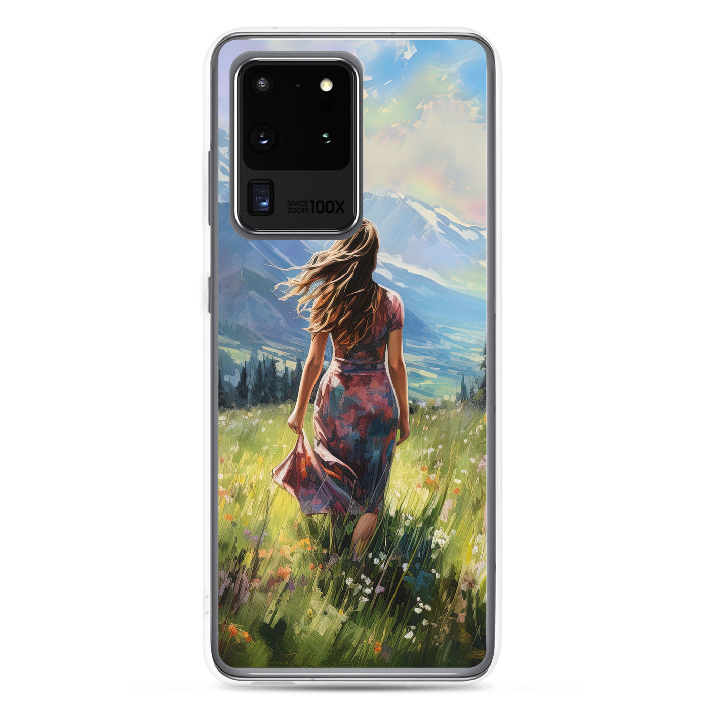 Frau mit langen Kleid im Feld mit Blumen - Berge im Hintergrund - Malerei - Samsung Schutzhülle (durchsichtig) berge xxx Samsung Galaxy S20 Ultra
