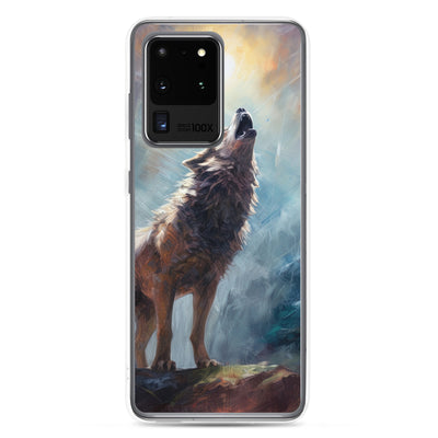 Heulender Wolf auf Berggipfel und Mond im Hintergrund – Abstrakte Malerei - Samsung Schutzhülle (durchsichtig) camping xxx Samsung Galaxy S20 Ultra