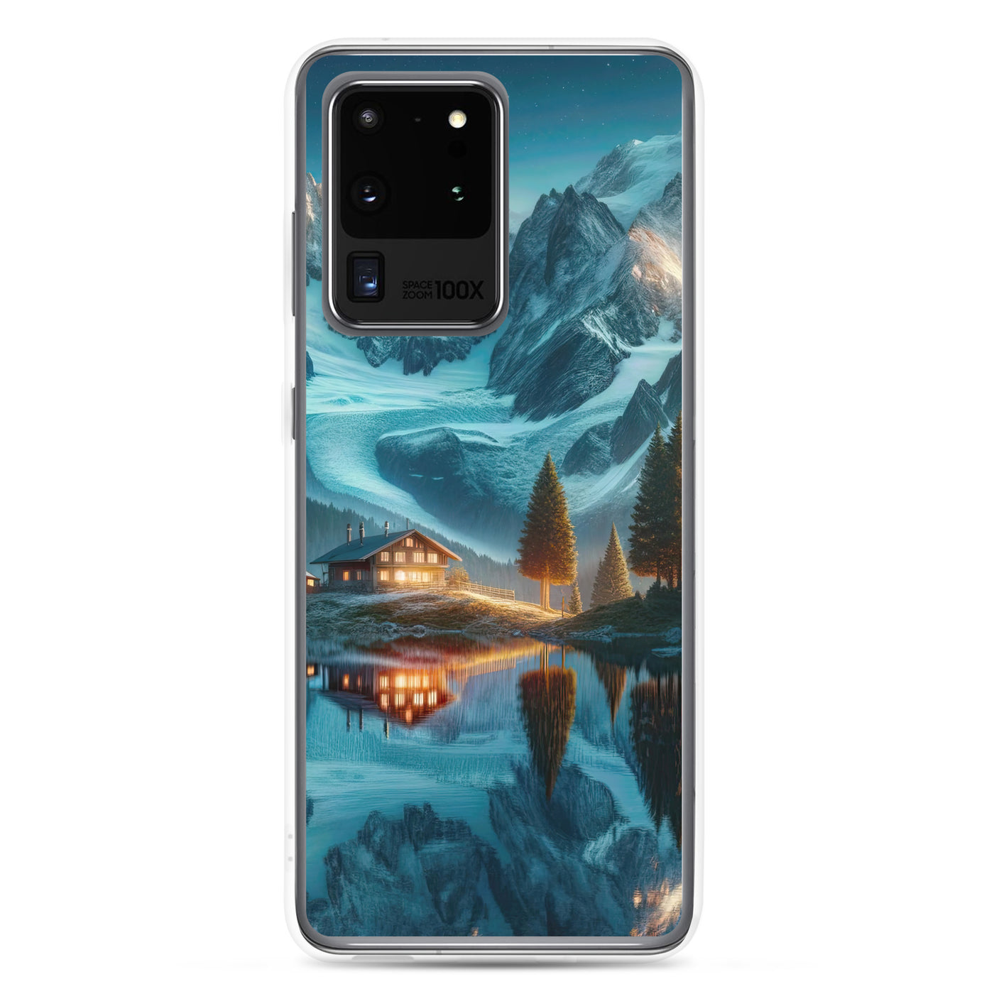 Stille Alpenmajestätik: Digitale Kunst mit Schnee und Bergsee-Spiegelung - Samsung Schutzhülle (durchsichtig) berge xxx yyy zzz Samsung Galaxy S20 Ultra