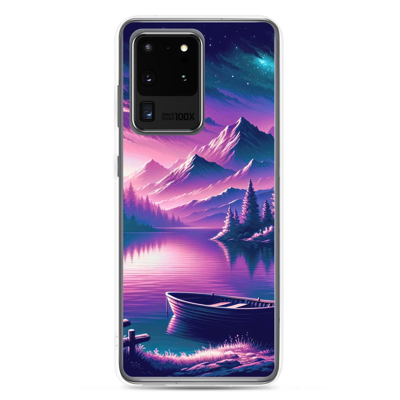 Magische Alpen-Dämmerung, rosa-lila Himmel und Bergsee mit Boot - Samsung Schutzhülle (durchsichtig) berge xxx yyy zzz Samsung Galaxy S20 Ultra