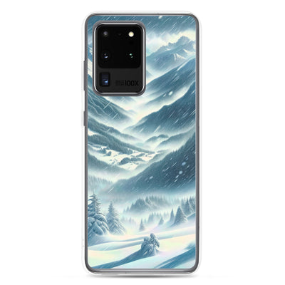 Alpine Wildnis im Wintersturm mit Skifahrer, verschneite Landschaft - Samsung Schutzhülle (durchsichtig) klettern ski xxx yyy zzz Samsung Galaxy S20 Ultra