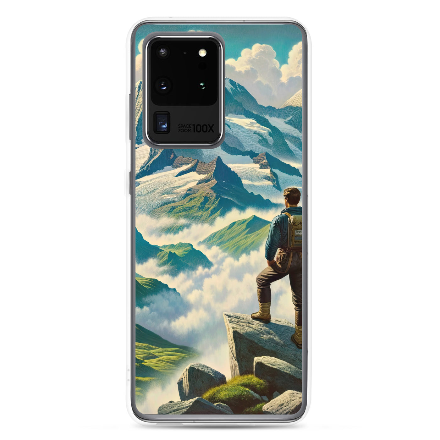 Panoramablick der Alpen mit Wanderer auf einem Hügel und schroffen Gipfeln - Samsung Schutzhülle (durchsichtig) wandern xxx yyy zzz Samsung Galaxy S20 Ultra