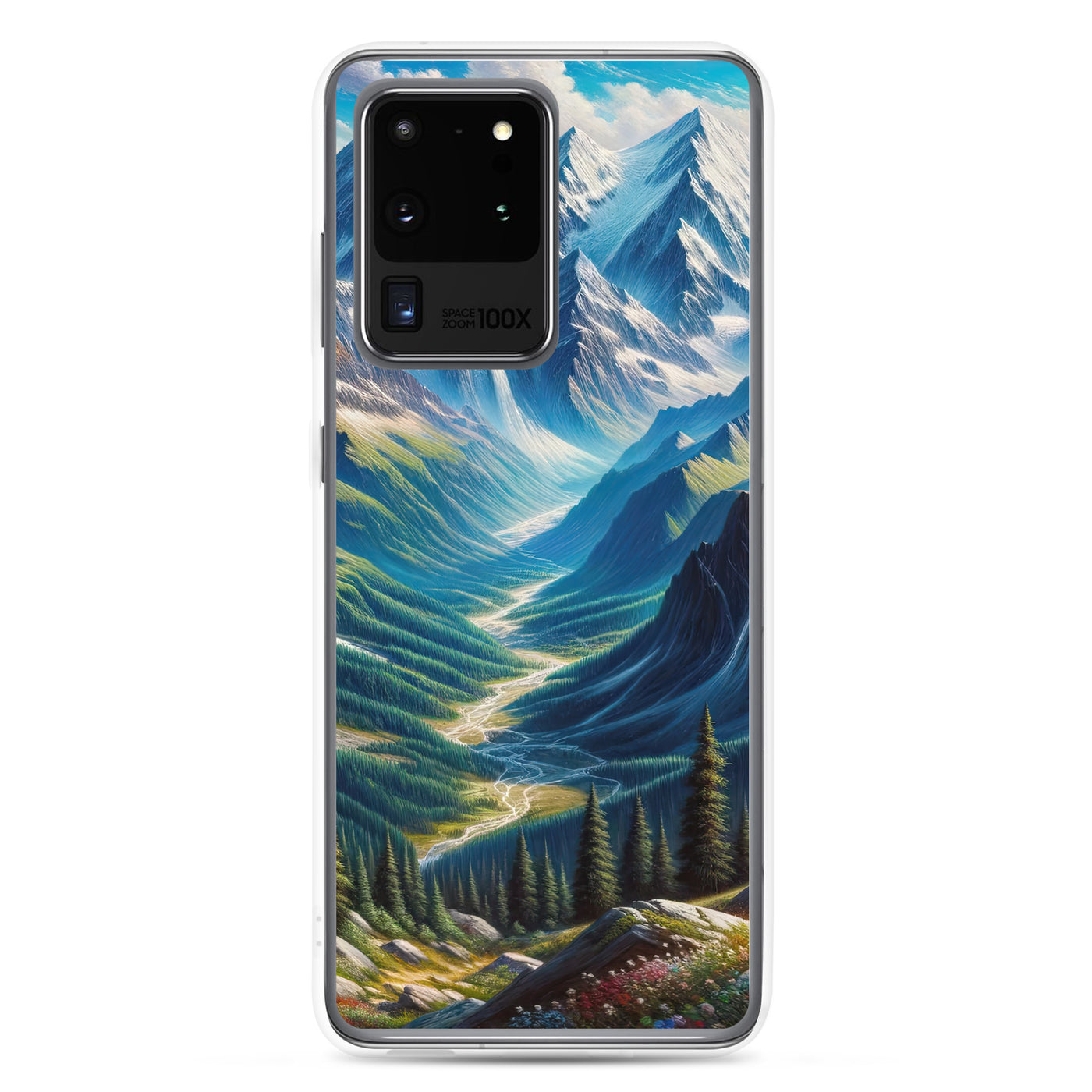 Panorama-Ölgemälde der Alpen mit schneebedeckten Gipfeln und schlängelnden Flusstälern - Samsung Schutzhülle (durchsichtig) berge xxx yyy zzz Samsung Galaxy S20 Ultra