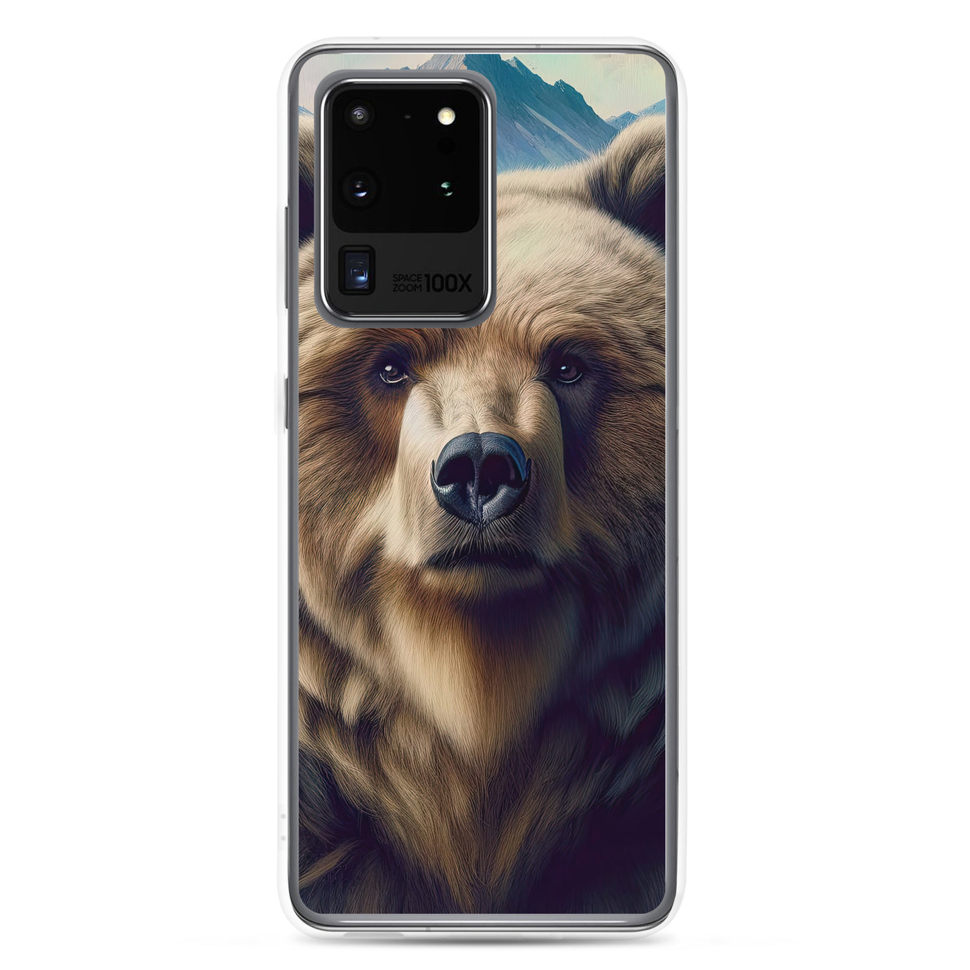 Foto eines Bären vor abstrakt gemalten Alpenbergen, Oberkörper im Fokus - Samsung Schutzhülle (durchsichtig) camping xxx yyy zzz Samsung Galaxy S20 Ultra