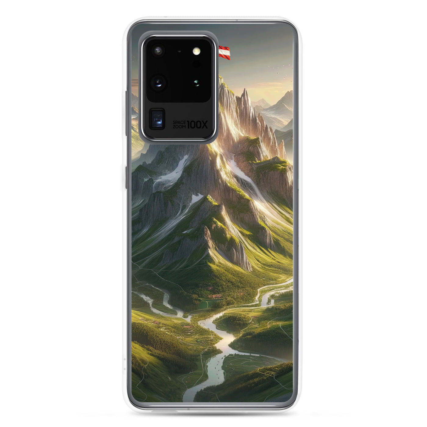Fotorealistisches Bild der Alpen mit österreichischer Flagge, scharfen Gipfeln und grünen Tälern - Samsung Schutzhülle (durchsichtig) berge xxx yyy zzz Samsung Galaxy S20 Ultra