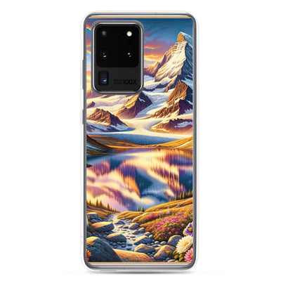 Quadratische Illustration der Alpen mit schneebedeckten Gipfeln und Wildblumen - Samsung Schutzhülle (durchsichtig) berge xxx yyy zzz Samsung Galaxy S20 Ultra