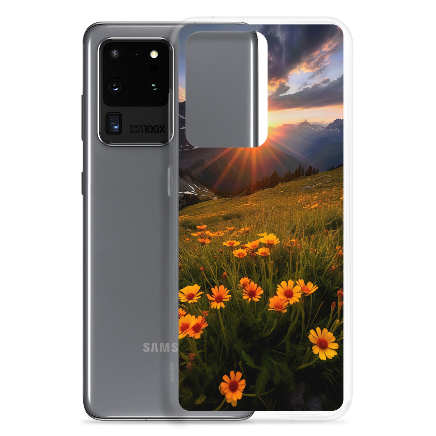 Gebirge, Sonnenblumen und Sonnenaufgang - Samsung Schutzhülle (durchsichtig) berge xxx