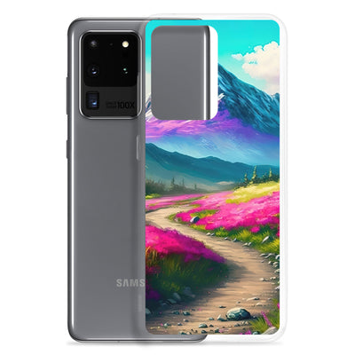 Berg, pinke Blumen und Wanderweg - Landschaftsmalerei - Samsung Schutzhülle (durchsichtig) berge xxx