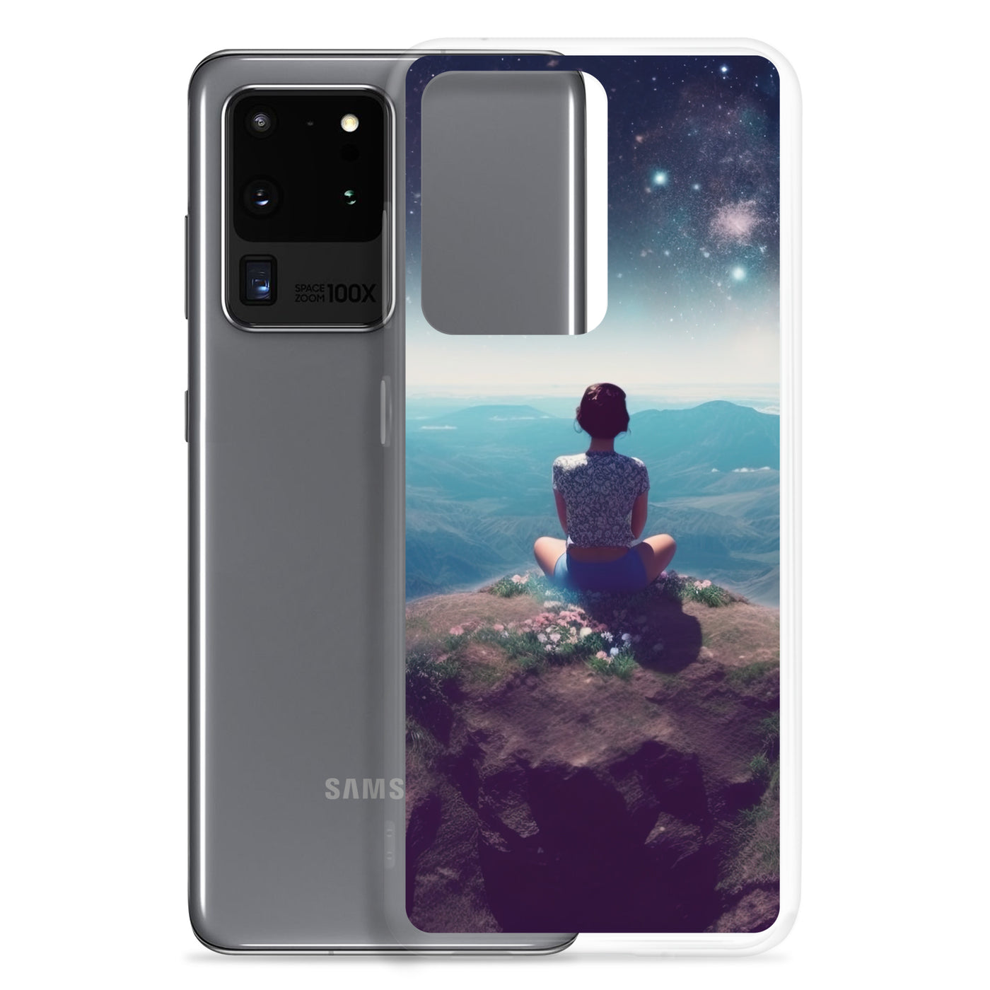 Frau sitzt auf Berg – Cosmos und Sterne im Hintergrund - Landschaftsmalerei - Samsung Schutzhülle (durchsichtig) berge xxx