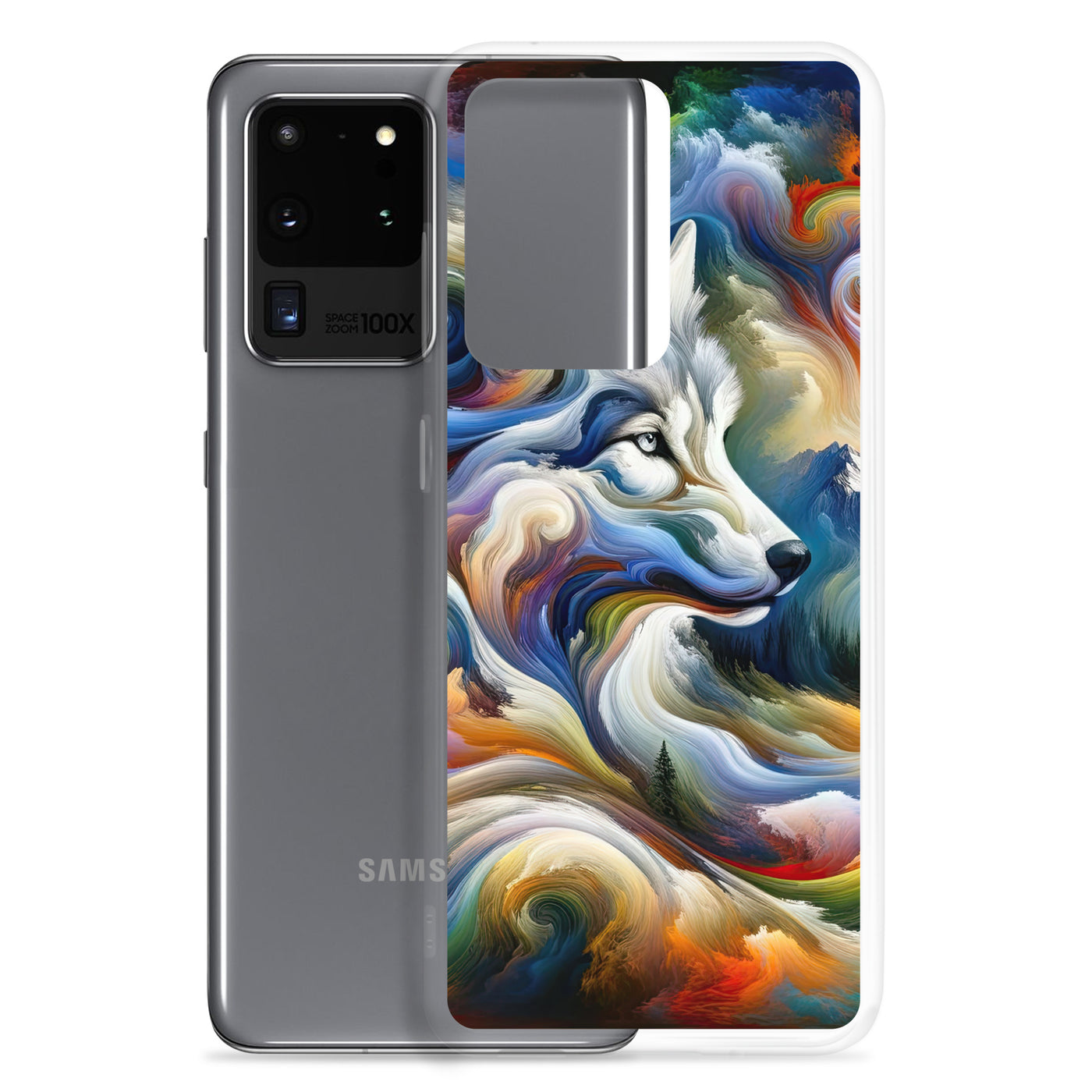 Abstraktes Alpen Gemälde: Wirbelnde Farben und Majestätischer Wolf, Silhouette (AN) - Samsung Schutzhülle (durchsichtig) xxx yyy zzz